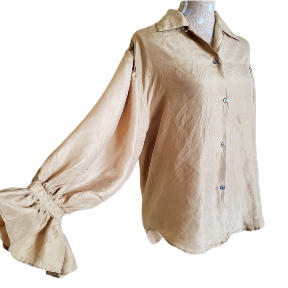 100% silk puff sleeve blouse vintage gold harvest express medium